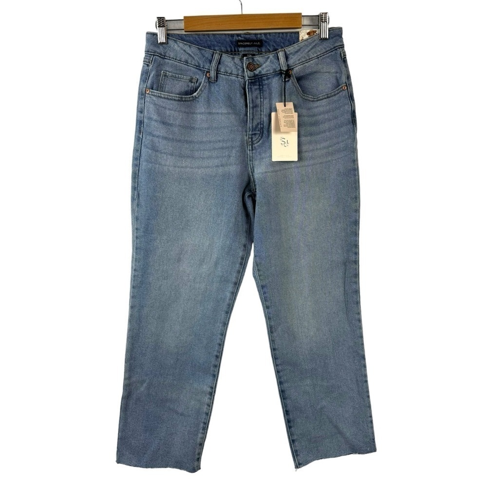 Sincerely Jules High Rise Straight Crop Jeans Raw Hem Button Fly Size 28 Blue